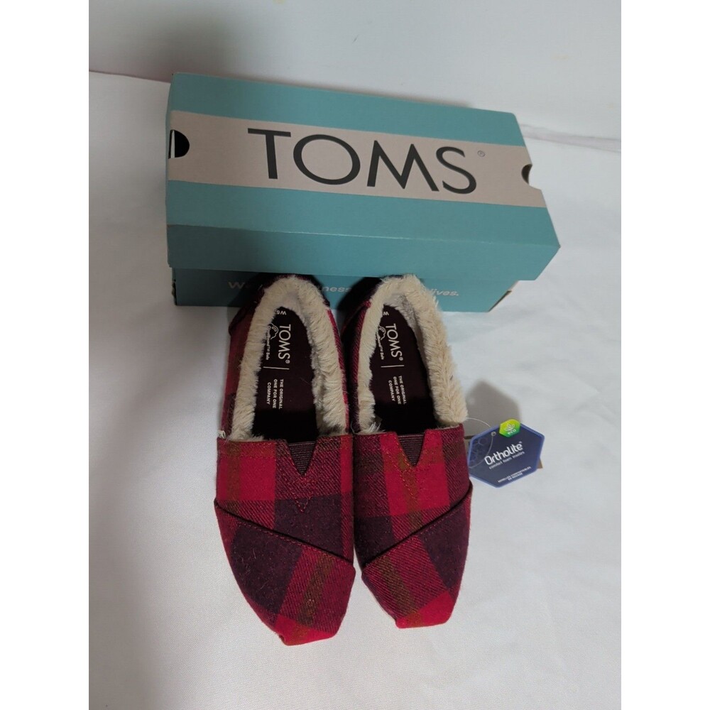 Toms Alpargata Women Faux Fur Lined Red Cozy Plaid Loafers Flats Size 5.5 Comfor